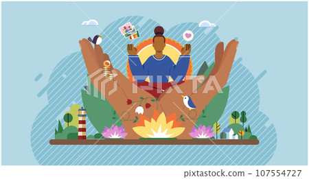 Wellbeing metaphor. Vector illustration. Support of professional growth, compass guiding career progression Support insurance, lifebuoy amidst turbulent waters of professional life Employee wellbeing 107554727