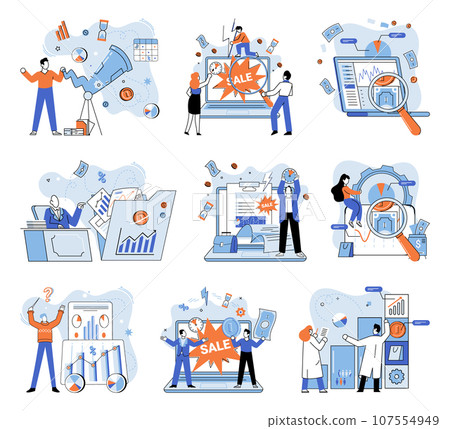 Promotion discount sale. Vector illustration. Forecast of future sales, peek into crystal ball of profit and loss Flash sale online, digital equivalent of gold rush Sales index, thermometer 107554949