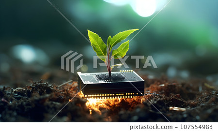 Plant growing on computer chip representing digital ecology business with blurred background. Generative AI Plant growing on computer chip representing digital ecology business with blurred background. Generative AI 107554983