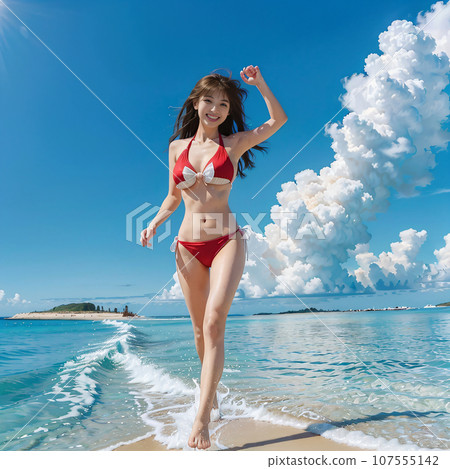 A woman in a bikini swimsuit walking on a beach in the Maldives AI image AI photo A woman in a bikini swimsuit walking on a beach in the Maldives AI image AI photo 107555142