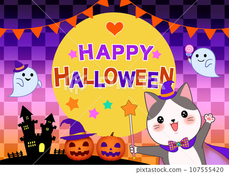 Cute Halloween background illustration with cat, pumpkin, and ghost Cute Halloween background illustration with cat, pumpkin, and ghost 107555420