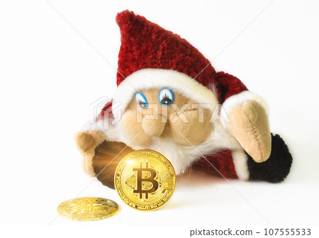 Bitcoin cryptocurrency coins and Christmas gnome toy isolated on white background. Cryptocurrency investment concept. Bitcoin cryptocurrency coins and Christmas gnome toy isolated on white background. Cryptocurrency investment concept. 107555533