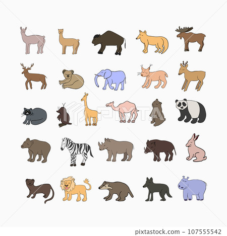 Vector isolated illustration of a set of different animals. Outlined animals. Vector isolated illustration of a set of different animals. Outlined animals. 107555542