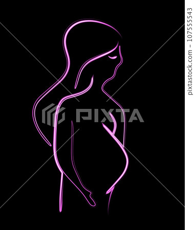 Vector isolated illustration of a pregnant woman. Contour drawing of a pregnant girl with a neon effect. Vector isolated illustration of a pregnant woman. Contour drawing of a pregnant girl with a neon effect. 107555543