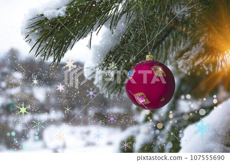 A Christmas tree toy hanging on a pine branch with snow. 107555690