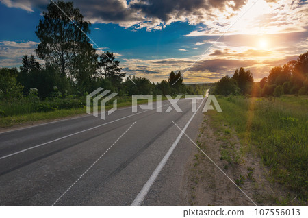 Russia, Tver region, road to Lake Seliger extending distance to the horizon 107556013