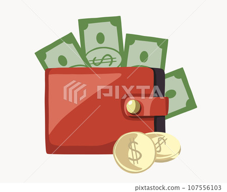 Vector isolated illustration of a wallet with money. Financial savings. Cash settlement. Vector isolated illustration of a wallet with money. Financial savings. Cash settlement. 107556103