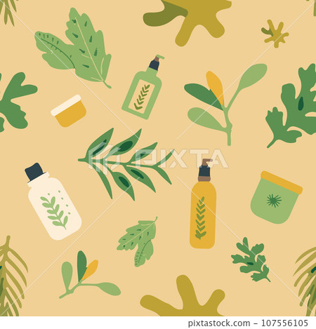 Vector isolated illustration of eco boaromatherapy, background, beauty, bodycare, bottle, care, cartoon, container, cosmetic, cosmetics, cosmetology, cream, design, eco, elemedy care products pattern. 107556105