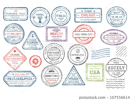International travel visa stamps set, arrival and departure passport frayed rubber stamp, vector International travel visa stamps set, arrival and departure passport frayed rubber stamp, vector 107556614