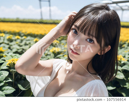 AI image: Young woman staring at me in a flower field with blue sky AI image: Young woman staring at me in a flower field with blue sky 107556914