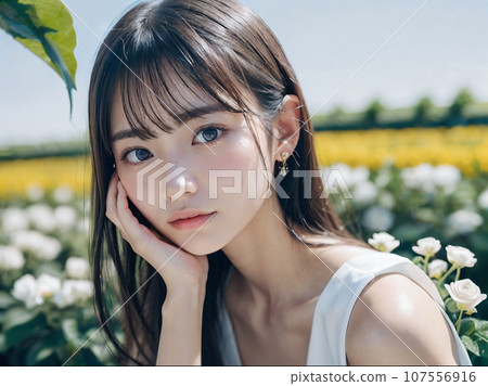 AI image: Young woman staring at me in a flower field with blue sky AI image: Young woman staring at me in a flower field with blue sky 107556916