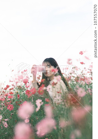 A woman taking a photo in a flower field 107557070