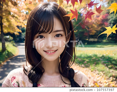 AI image Autumn leaves and smiling young woman 107557397