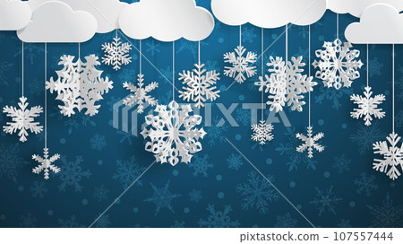Christmas background with three-dimensional paper snowflakes 107557444