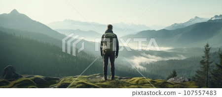 A young couple of hikers walk through the forest in rainy weather. 107557483