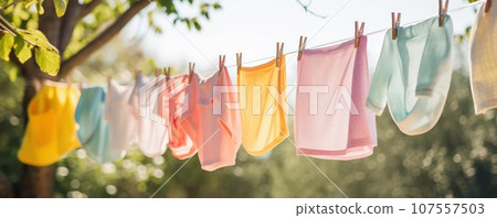 Rope with clean clothes outdoors on laundry day.-插圖素材 [107557503] - PIXTA圖庫