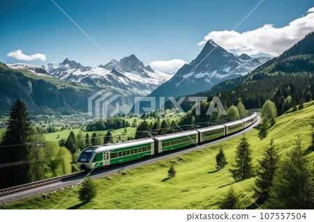 A locomotive pulls a passenger train along a winding road among the summer forest and mountains. 107557504