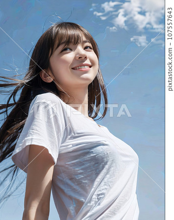AI image Beautiful girl with a smile and her hair swaying in the wind in the summer sky 107557643