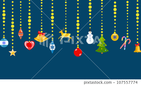 Christmas symbols hanging on ropes of balls 107557774