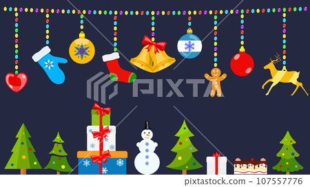 Christmas symbols and warm winter clothes hanging on ropes of balls Christmas symbols and warm winter clothes hanging on ropes of balls 107557776