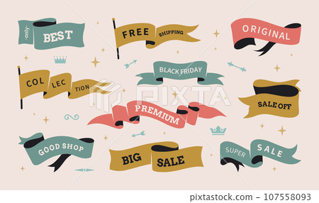 Ribbons. Text logo, graphic flag banner for retro beer label, simple hand drawn shapes. Super sale, good quality phrases. Shopping promotion emblems collection. Special offer. Vector design 107558093