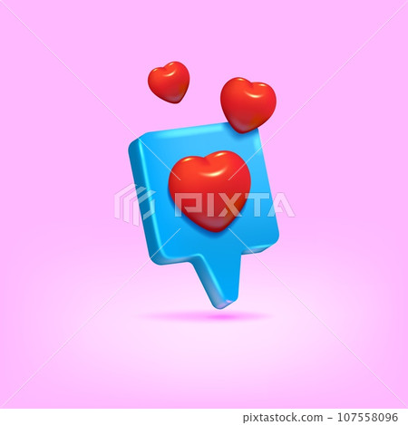Love icons. Red heart. 3D speech bubble. Happy Valentine Day symbol for couple or friends. Like message. Passion and romance. Social media gift. Positive emotion. Vector render object Love icons. Red heart. 3D speech bubble. Happy Valentine Day symbol for couple or friends. Like message. Passion and romance. Social media gift. Positive emotion. Vector render object 107558096