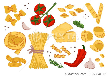 Italian pasta. Spaghetti poster, simple cook collection, nutrition, cute green set, happy nature, raw macaroni and tomatoes. Penne and farfalle. Vector abstract illustration Italian pasta. Spaghetti poster, simple cook collection, nutrition, cute green set, happy nature, raw macaroni and tomatoes. Penne and farfalle. Vector abstract illustration 107558105