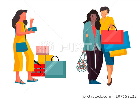Trendy shopping people. Cartoon women make purchases in store. Females carry bags from boutique. Customers buy clothes and shoes. Standing shop clients Vector shopaholic characters set Trendy shopping people. Cartoon women make purchases in store. Females carry bags from boutique. Customers buy clothes and shoes. Standing shop clients Vector shopaholic characters set 107558122