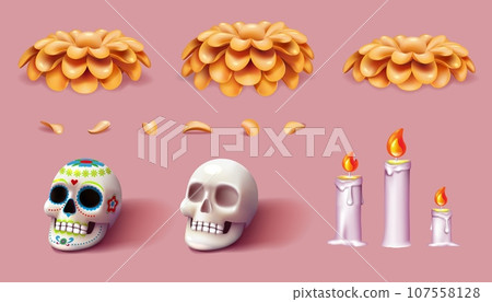 Dia de Muertos. 3D Dead day. Flowers and marigold petal. Mexican death holiday. Candles with flames. Catrina skull. Skeleton bone. Carnival in Mexico. Vector isolated render elements set 107558128