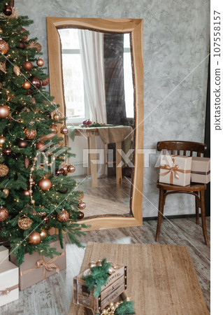 Christmas tree design decorations. The concept of celebrating New Year and Christmas. 107558157