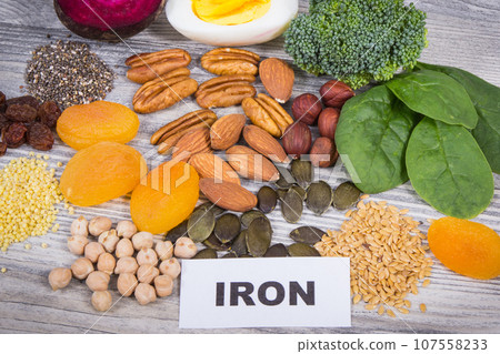 Ingredients containing natural iron, minerals and vitamins. Best food to fight with anemia 107558233