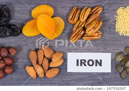 Food containing natural iron and other vitamins and minerals. Healthy eating 107558267