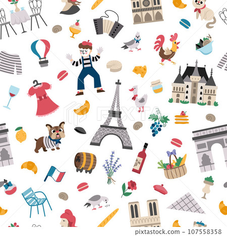 France symbols vector seamless pattern. Repeating background with French sights, food, Eiffel tower, animals, baguette, croissant. Cute Paris digital paper with palaces, castle, mime, macaroon France symbols vector seamless pattern. Repeating background with French sights, food, Eiffel tower, animals, baguette, croissant. Cute Paris digital paper with palaces, castle, mime, macaroon 107558358