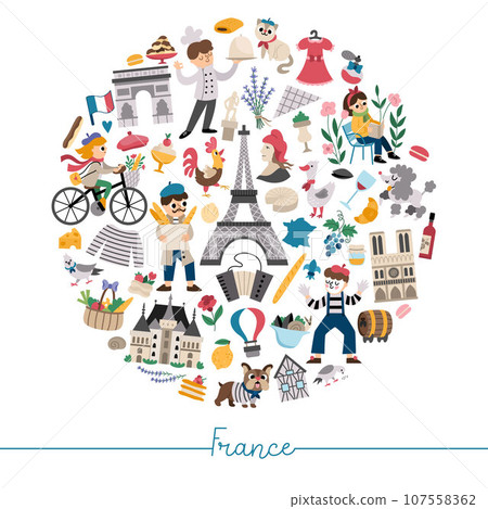 Vector French round frame with people, animals, Eiffel tower, traditional symbols. Touristic France card template design for banners, invitations. Cute illustration with croissant, tricolor, baguette 107558362