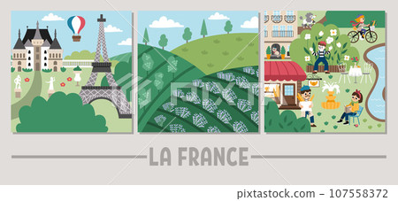 Vector Paris landscape illustrations set. French capital city scenes with people, Eiffel Tower, castle, lavender field. Cute France square background with river, park, mime, wine yard 107558372
