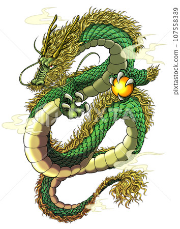 A dragon with a golden mane stands solemnly holding a beautiful jewel in his hand. 107558389