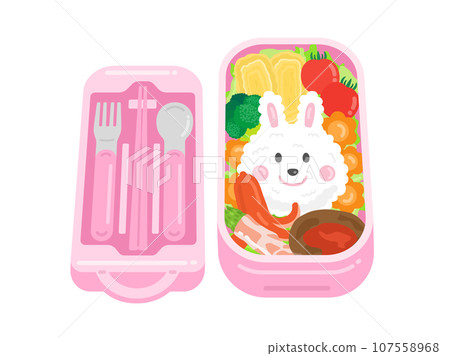兒童粉紅午餐盒和餐具組的插圖 107558968