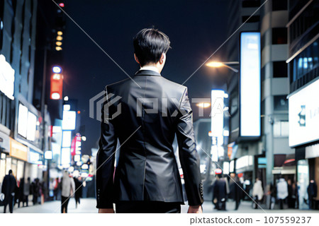 Rear view image of a man in a suit walking in the city at night, generative ai 107559237