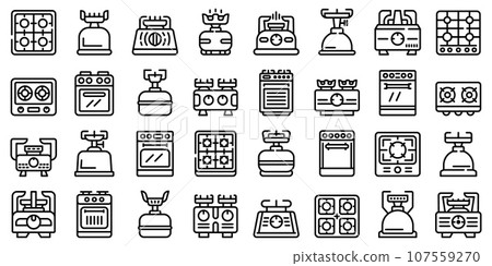 Burning gas stove icons set. Outline set of burning gas stove vector icons for web design isolated on white background 107559270