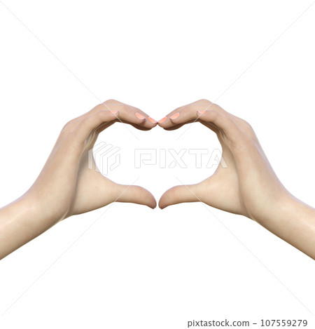 A woman's hands posing in a heart shape with both hands. Front 3D illustration of parts only 107559279
