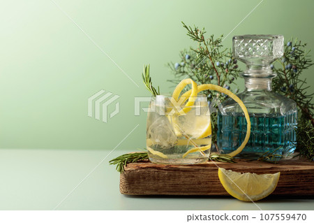 Cocktail gin-tonic with ice, lemon, and rosemary in a frozen glass. Cocktail gin-tonic with ice, lemon, and rosemary in a frozen glass. 107559470