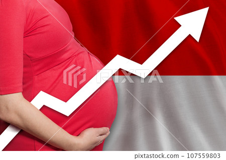 Indonesian pregnant woman on flag of Indonesia background. Birth rate up Indonesian pregnant woman on flag of Indonesia background. Birth rate up 107559803