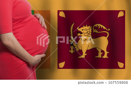 Pregnant woman belly on flag of Sri Lanka background Pregnant woman belly on flag of Sri Lanka background 107559808
