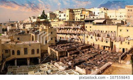 Traditional tannery where tanners dye leather in Fes city, Morocco. Tan pits are full of color paint for leather, to be later crafted into leather goods, 107559843
