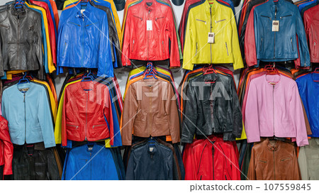 Moroccan leather goods on display at the showroom of a traditional tannery. 107559845