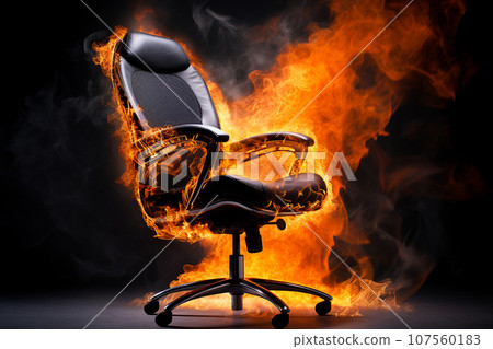 Burning office chair on black background. Burnout syndrome, deadline, burnout at work concept. Armchair on fire as a symbol of stress, restless, anxiety, mental health problems, anger, panic, overwork 107560183