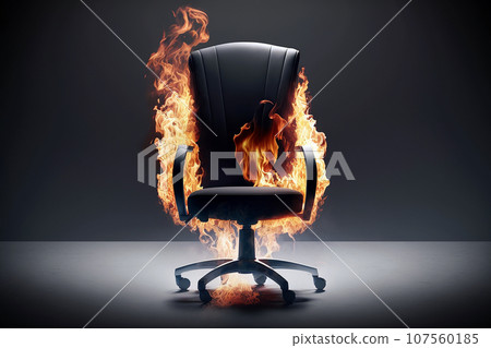 Burning office chair on black background. Burnout syndrome, deadline, burnout at work concept. Armchair on fire as a symbol of stress, restless, anxiety, mental health problems, anger, panic, overwork 107560185