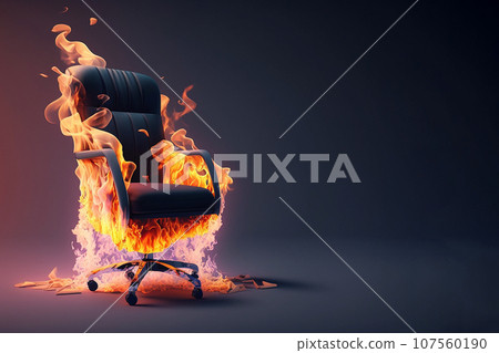 Burning office chair on black background. Burnout syndrome, deadline, burnout at work concept. Armchair on fire as a symbol of stress, restless, anxiety, mental health problems, anger, panic, overwork Burning office chair on black background. Burnout syndrome, deadline, burnout at work concept. Armchair on fire as a symbol of stress, restless, anxiety, mental health problems, anger, panic, overwork 107560190