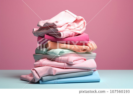 Pile of clothes ready for laundry. Stack of colorful clothes. Laundry day, fabric recycling concept. Fashion industry pollution, sustainability, up cycling, secondary clothing, reuse. Copy space Pile of clothes ready for laundry. Stack of colorful clothes. Laundry day, fabric recycling concept. Fashion industry pollution, sustainability, up cycling, secondary clothing, reuse. Copy space 107560193