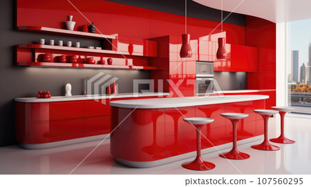 The Red interior of the kitchen, the design is modern for ideas and inspiration. 107560295